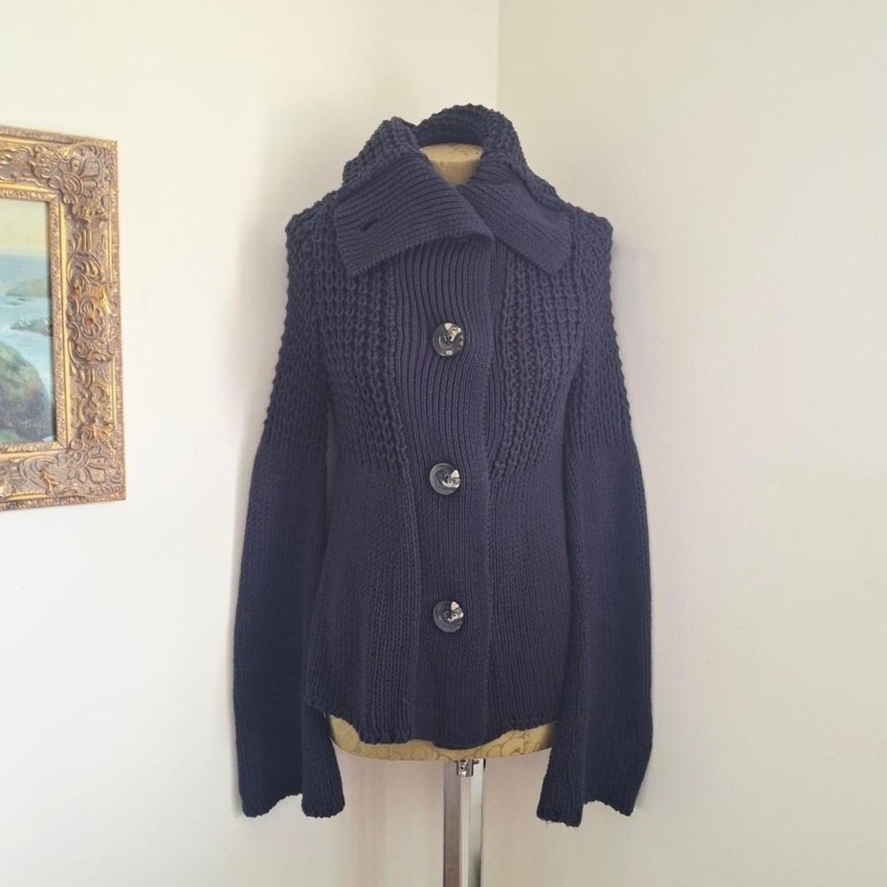 Navy blue Moda International Bell Sleeve Cardigan sweater‎ large boho buttons